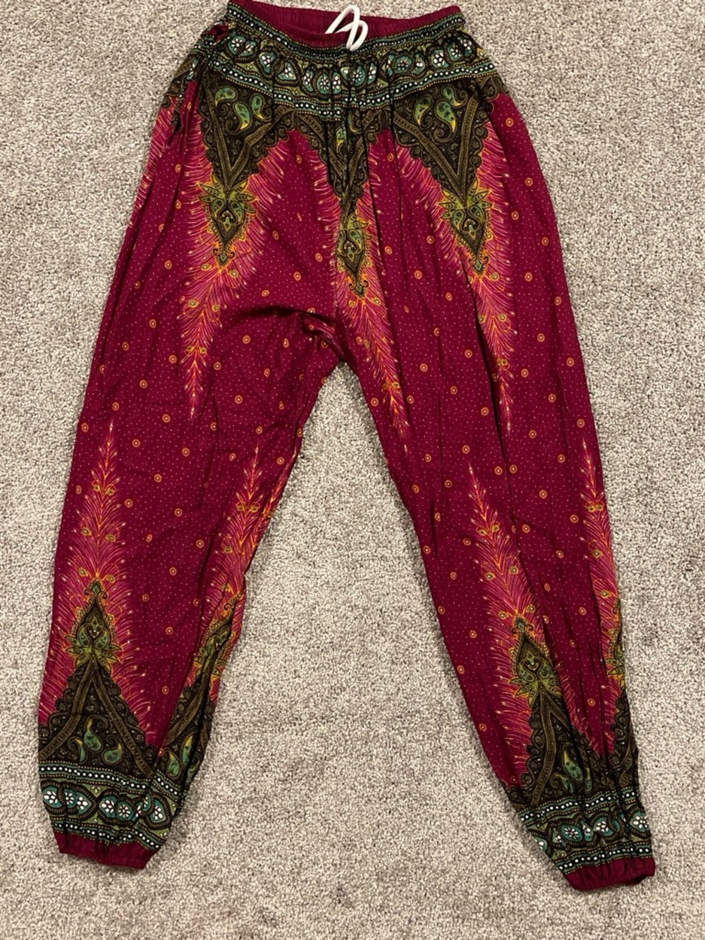 Boho Harem Pants Burgundy Paisley Mandala Hippie Festival O/S